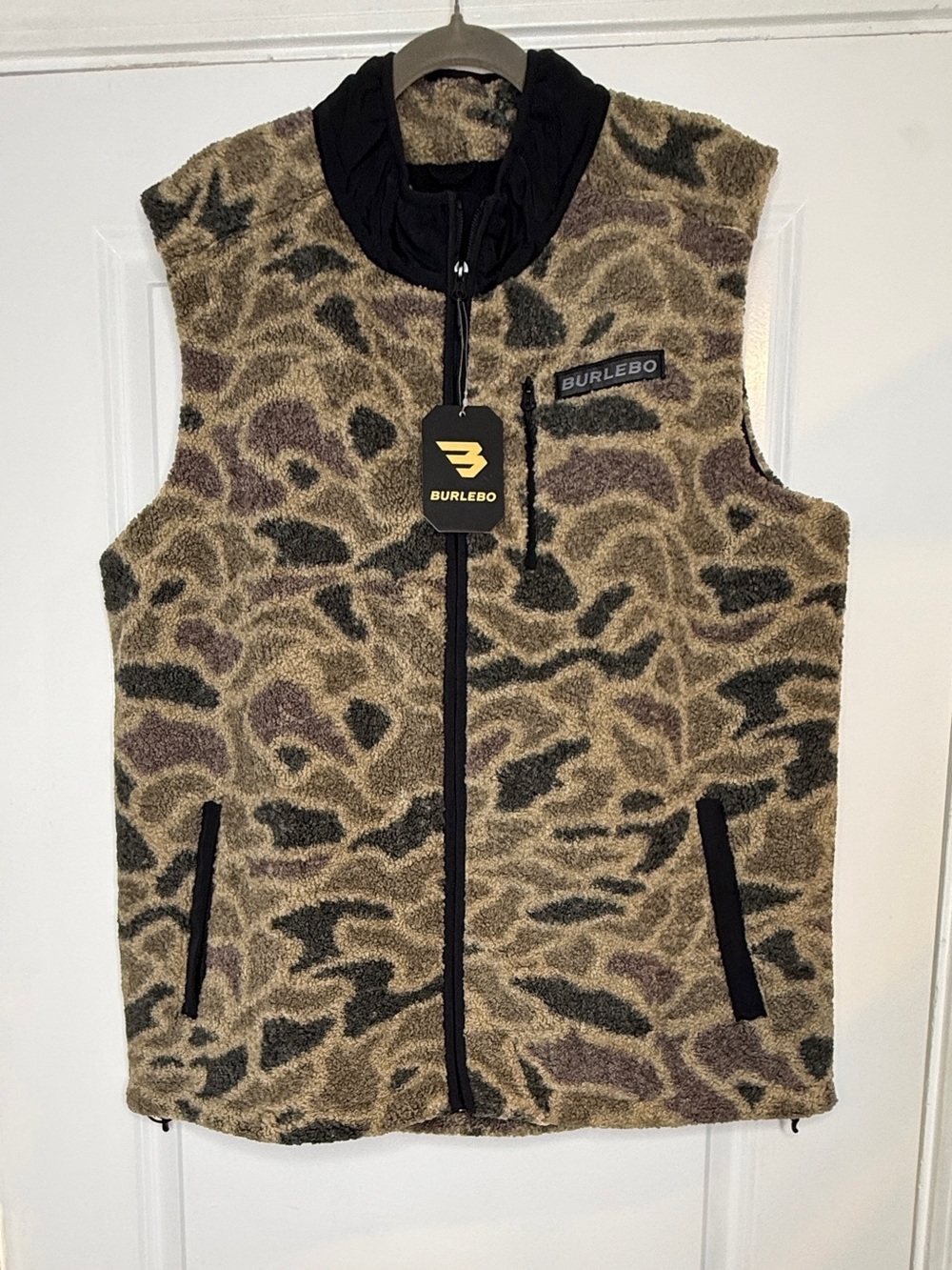 BURLEBO Camouflage Lined Sherpa Vest Adjustable Waist Brown Olive Sz L | NWT - Picture 9 of 9